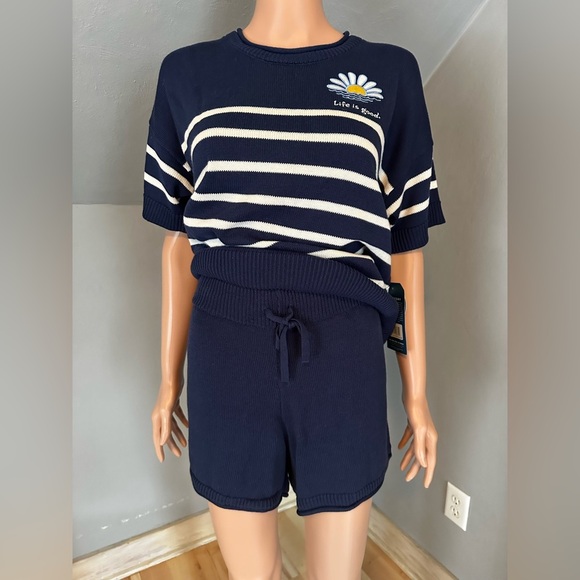 Life is Good Navy Striped Knit Lounge Set –2pc Short Sleeve Top & Shorts, Size L - Picture 5 of 5